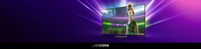 Promotional title card for the Sony Pictures Animation film GOAT on a TV screen, featuring an animated goat basketball player in a green jersey, set against a vibrant purple backdrop. "Available on Sony Pictures Core" branding visible in the bottom right.