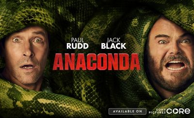Film poster for Anaconda with Paul Rudd and Jack Black entangled in a green snake. Bold red title and “Available on Sony Pictures Core” branding are shown.