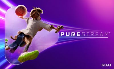 Promotional graphic for Sony’s Pure Stream, showing an animated goat character from GOAT mid-jump with a basketball against a purple background.