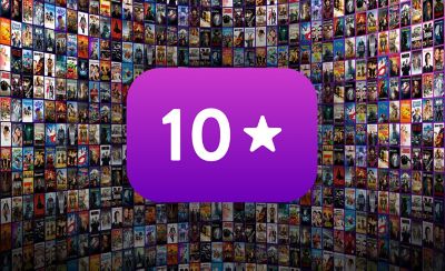 Large “10 star” icon on a purple background, set against a curved wall of film covers.