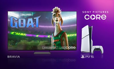 Promotional image for Sony Pictures Core with a purple background, showing the animated film GOAT on a BRAVIA TV next to a PlayStation 5 console and controller.