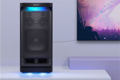 Image demonstrating the SRS-XV900 wireless speaker's connection capability with a TV