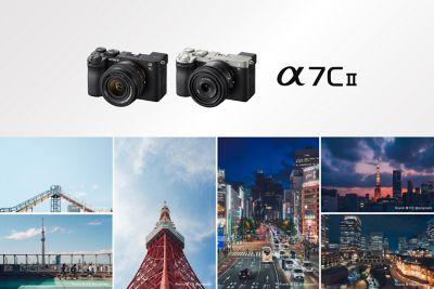 Two Sony Alpha 7C II cameras and six sample shots of Japanese urban scenery, including Tokyo Tower and city night views.