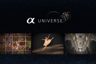 Sony α Universe banner with a starry background and camera icon, showcasing photography themed around flowers, dance, and architecture.