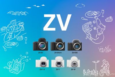Sony ZV series vlogging camera lineup, featuring interchangeable-lens and compact models ZV-E1, E10, and ZV-1, 1F on a gradient background.