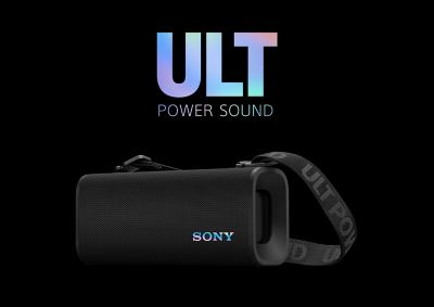 The ULT FIELD 3 speaker with the shoulder strap next to the ULT Power Sound logo