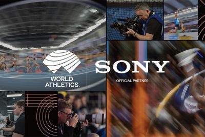 World Athletics 與 Sony Official Partner 的標誌置於各種運動賽事的拼接畫面上，其中穿插著攝影師拍攝的精彩瞬間影像。