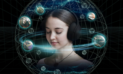 몰입감 넘치는 오디오 환경을 상징하는 악기 연주자의 플로팅 이미지와 함께 사람을 둘러싼 디지털 공간 Soundscape.