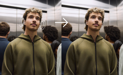 Một người đang đeo tai nghe LinkBuds Clip trong thang máy, cho thấy trước và sau khi giảm rò rỉ âm thanh