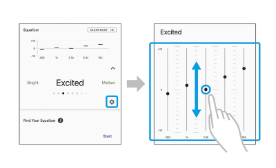 Pantalla del ecualizador de la app Sony | Sound Connect con un dedo ajustando un control deslizante de preajuste de sonido “Vigoroso”