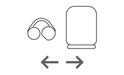 양방향 화살표로 LinkBuds Clip 이어버드와 LinkBuds Speaker 간의 오디오 전환을 보여주는 선 이미지