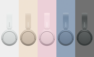 Sony WH-CH520 headphones in five colours: white, beige, pink, blue, and black, against matching backgrounds.