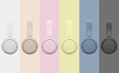 Casque Sony WH-CH520 en six couleurs différentes : blanc, beige, rose, jaune, bleu et noir avec des arrière-plans coordonnés.
