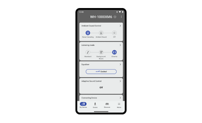 ממשק ההגדרות של יישום Sony Music Center עבור אוזניות WH-1000XM6.