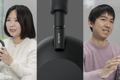 개발자 2명의 모습과 WH-1000XM6 힌지를 클로즈업한 콜라주 이미지