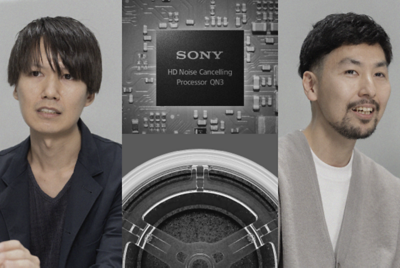 개발자 2명의 모습과 WH-1000XM6의 HD 노이즈 캔슬링 프로세서 QN3 칩 및 헤드폰 드라이버 유닛의 콜라주 이미지