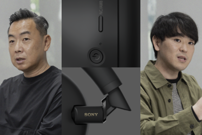 개발자의 모습과 헤드폰 컨트롤 및 힌지 디테일을 클로즈업한 콜라주 이미지