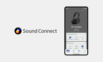 WH-1000XM6 토토사이트 순수익용 앱 인터페이스가 표시된 휴대폰 옆에 있는 소니 Sound Connect 앱 로고.