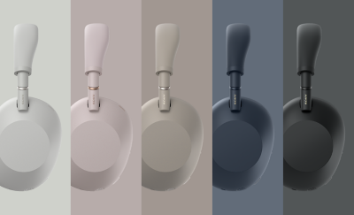 Cinq panneaux verticaux présentant les écouteurs Sony WH-1000XM6 dans les coloris Argent platine, Rose sable, Grès, Bleu nuit et Noir.