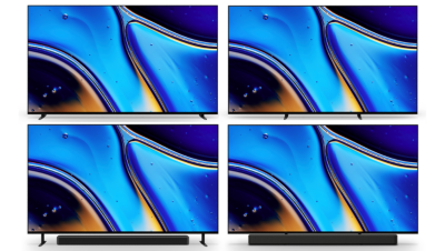 Квадратний вид чотирьох телевізорів із знімками екрана жовтих, чорних і синіх крапель води, що показують чотири різні позиції підставки: широка підставка та вузька підставка зверху, широка підставка та вузька підставка з нижньою звуковою панеллю