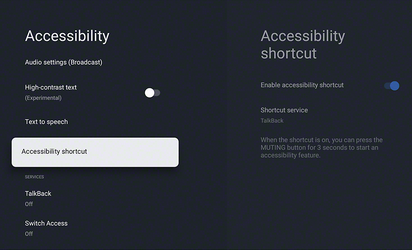 Imagem de um menu de televisão a apresentar a configuração do atalho de acessibilidade