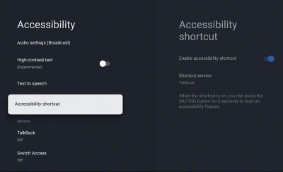 Image of a TV menu with accessibility shortcut setup shown