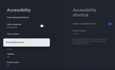 תמונה של תפריט הטלוויזיה שבה מוצגת ההגדרה של קיצור הדרך לנגישות