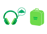 A green graphic of a suitcase with "1000X series" written on it, next to a pair of headphones. The headphones have a speech bubble coming out of them with a pile of small green circles inside.
