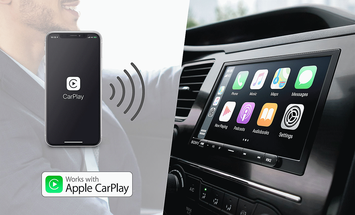 Kuva siitä, miten XAV-AX4050 voi muodostaa yhteyden Apple CarPlayn kanssa