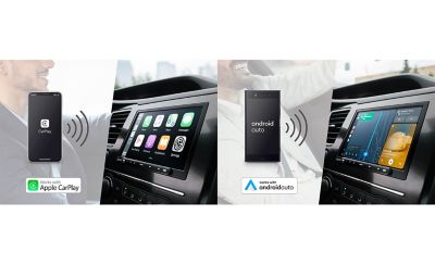 Geteiltes Bild, das zeigt, wie der XAV-AX4050 mit Apple CarPlay und AndroidAuto verbunden werden kann