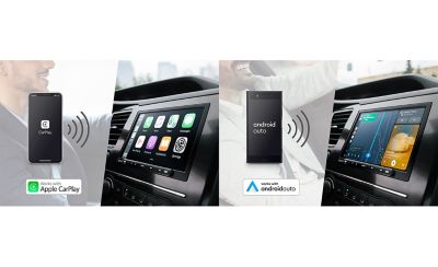 Split image showing how the XAV-AX4050 can connect with Apple CarPlay and AndroidAuto
