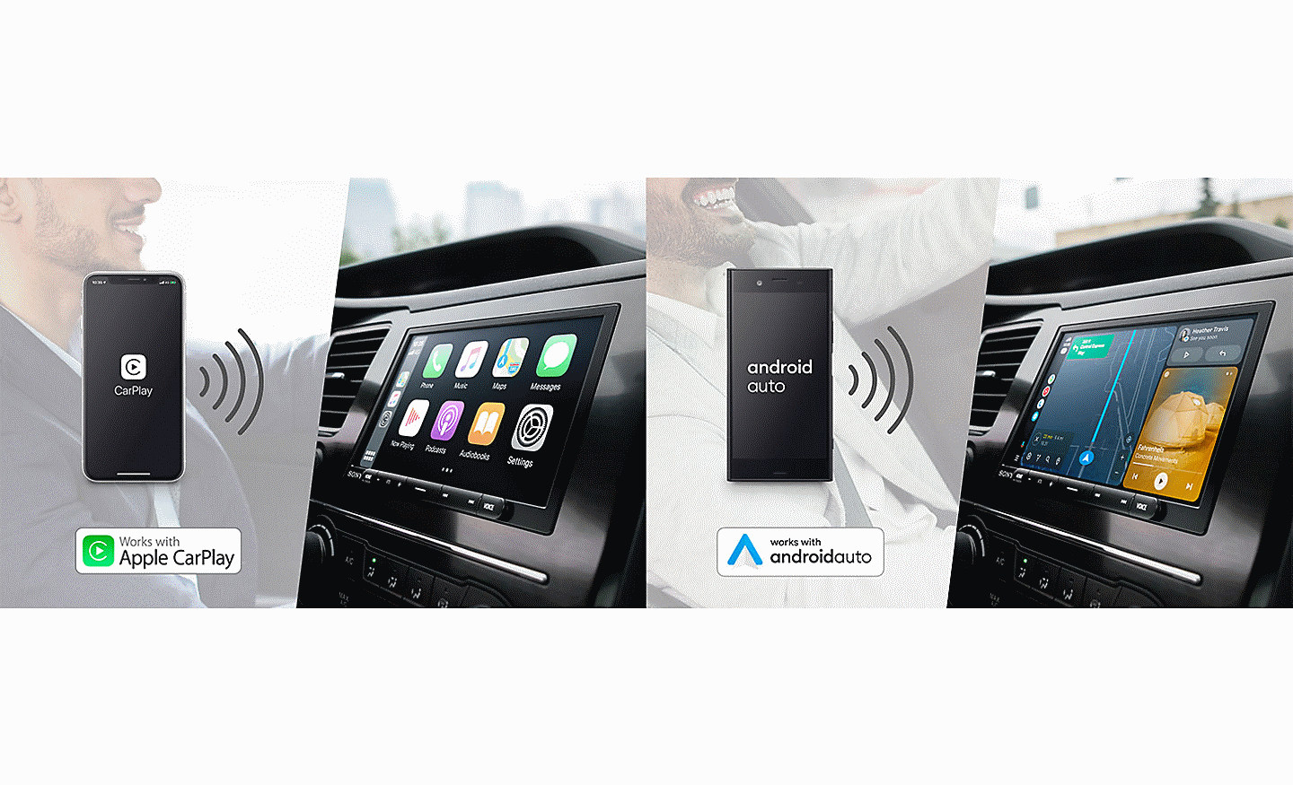 Geteiltes Bild, das zeigt, wie der XAV-AX4050 mit Apple CarPlay und AndroidAuto verbunden werden kann