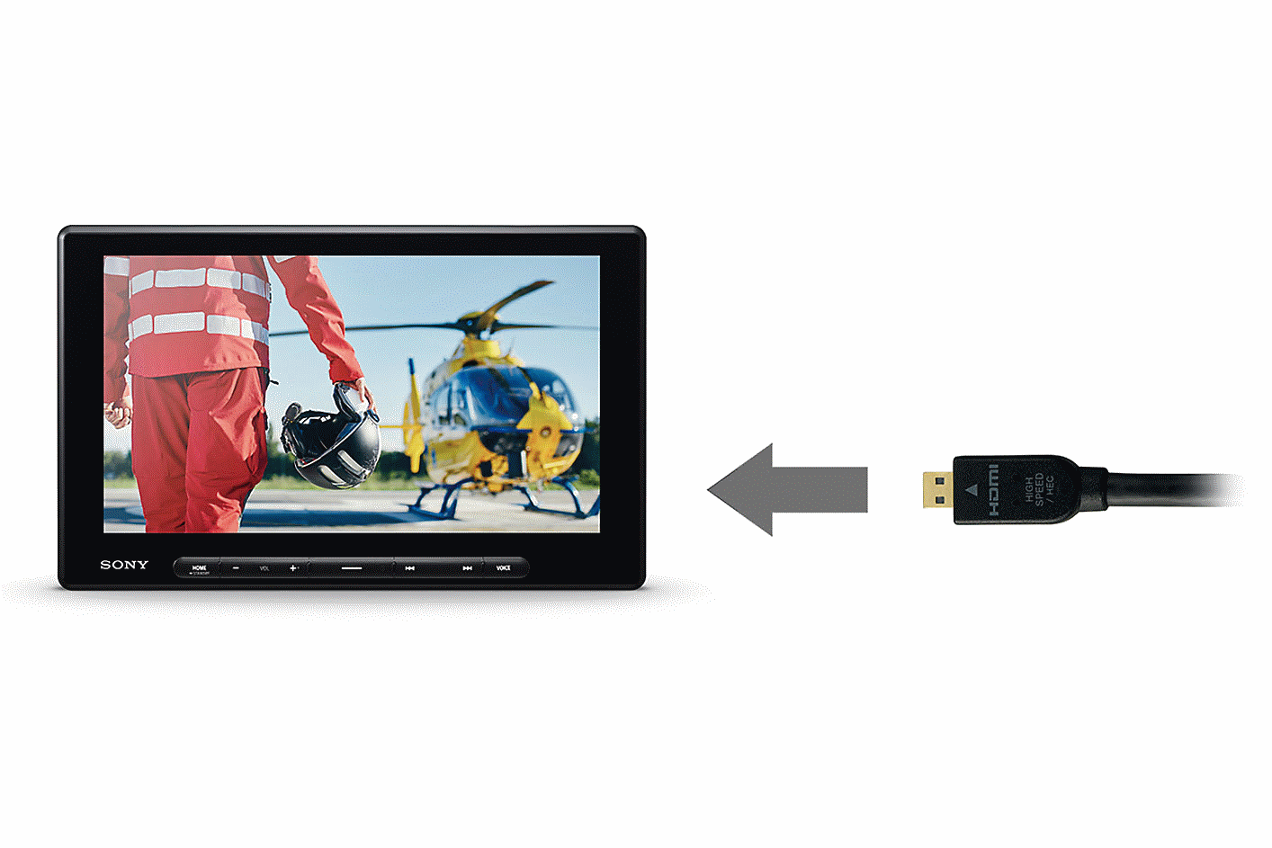 Imagen de un cable HDMI con una flecha apuntando hacia el XAV-AX8500