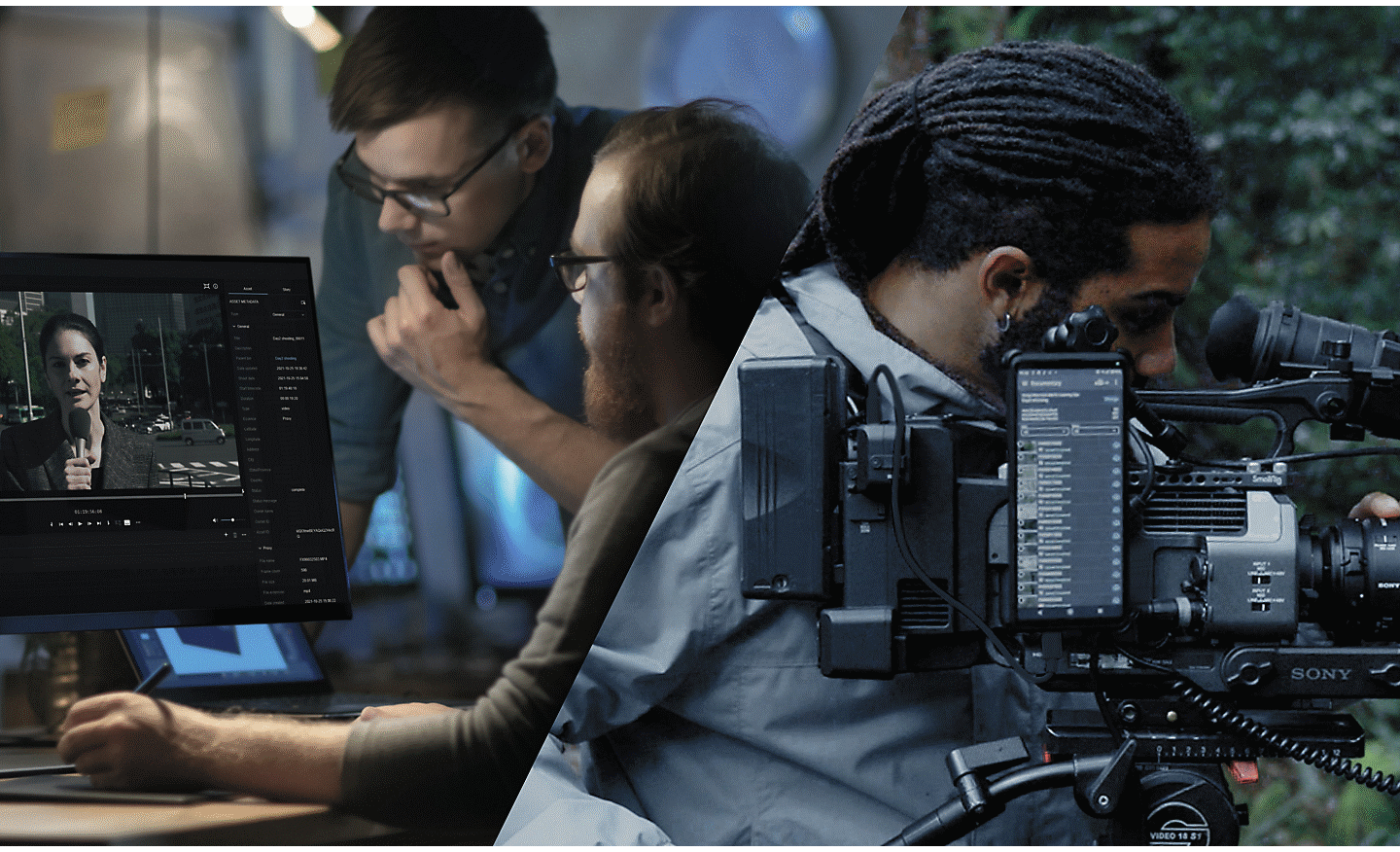 Une équipe de tournage de trois personnes est dans un boisé et l’homme au centre ajuste une caméra de cinéma Sony connectée au nuage grâce à un téléphone intelligent Xperia.