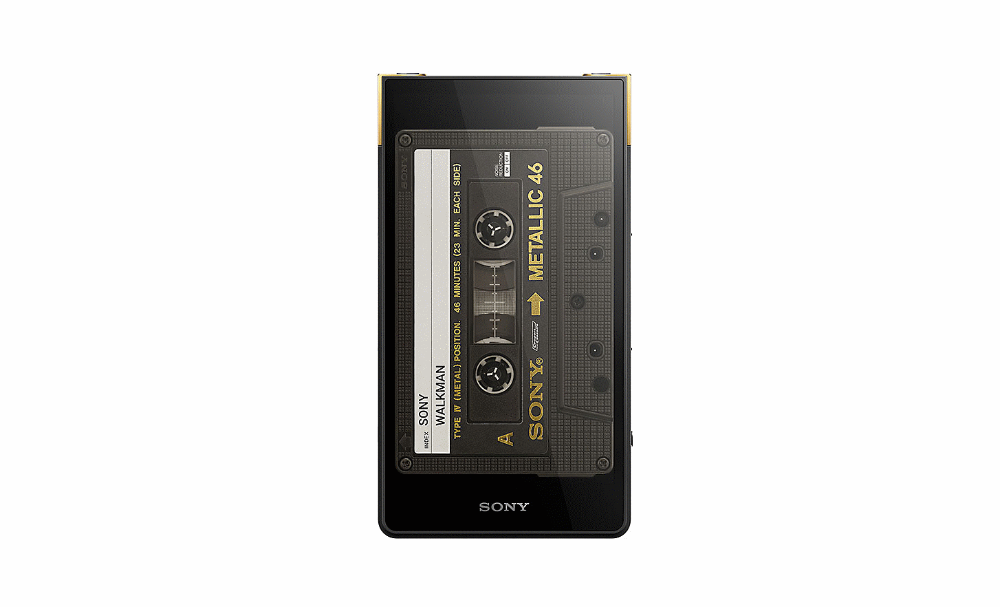 Une image représentant l'interface utilisateur et l'écran de veille inspiré de la cassette audio sur le NW-ZX707.