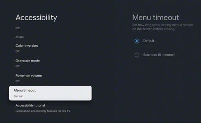 Image of a TV menu with the menu timeout shown