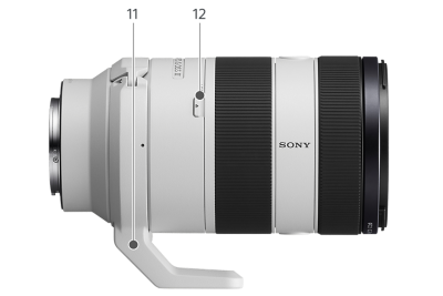 Vista lateral derecha del cuerpo del lente con las etiquetas (11) Anillo para tripié, (12) Interruptor de bloqueo de zoom