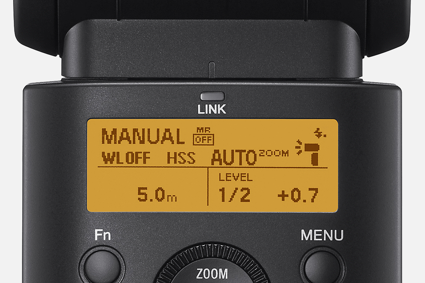 Gambar close-up tampilan produk yang menampilkan info status, tombol panah yang dapat diatur, dan roda kontrol