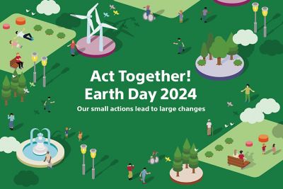 Illustration of the Earth and diverse people. The words "Act Together! Earth Day 2023- our small actions lead to large changes." is written. 