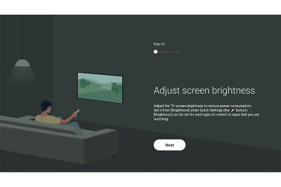 The user interface screen of Bravia displaying an illustration of a man adjusting the brightness of TV in a dimly lit room.