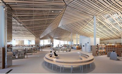 大型圖書館的內部圖像，設計精緻，天花板上有許多直木板，螢幕的每個角落都呈現高解像度