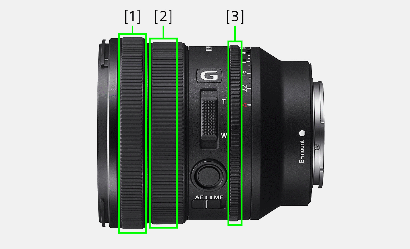 Gambar produk yang memperlihatkan Ring fokus, Ring zoom, dan Ring apertur