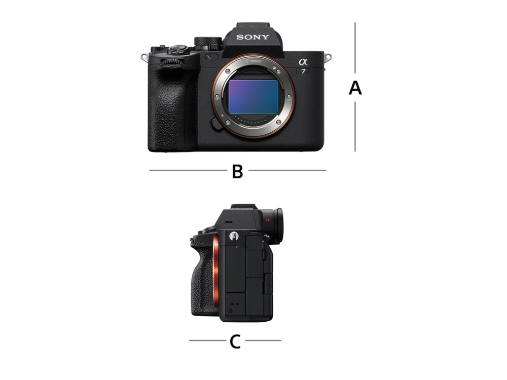 Sony Alpha 7 IV ILCE-7M4 camera body, front and side official dimension views