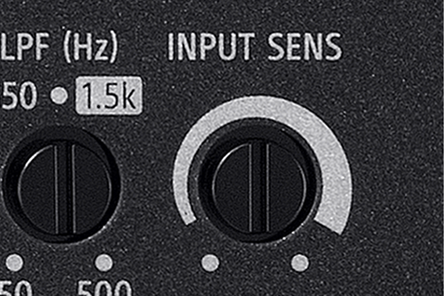 Close up image of LPF (Hz) and Input Sens dials