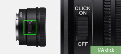 Gambar produk menunjukkan posisi tombol Klik ON/OFF pada lensa