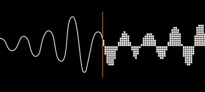 איורים המשתמשים בגל קול כדי להראות כיצד קול אנלוגי מומר לקול דיגיטלי.