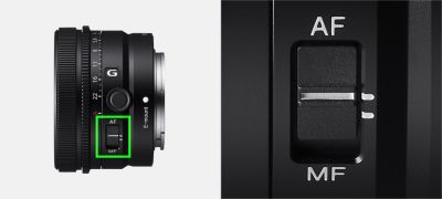 Gambar produk menunjukkan posisi tombol Mode Fokus pada lensa