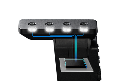 Ilustración que muestra cómo se capta el sonido de cuatro cápsulas de micrófono y se envía a un procesador de señal digital dentro del micrófono.