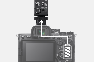 Ilustración que muestra cómo se alimenta el micrófono con la batería del cuerpo de la cámara