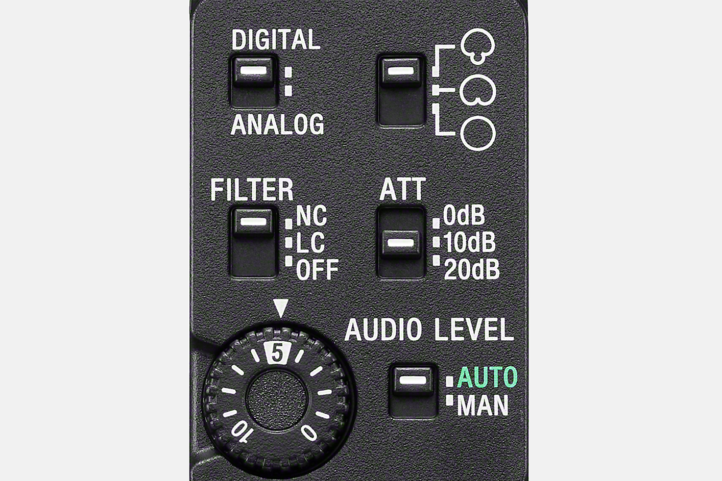 Imagen del panel posterior del ECM-B10 que muestra el selector de control y los diales